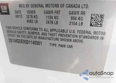 2013 Chevrolet Impala Lt z USA, uszkodzony, nr VIN 2G1WG5E35D1140361